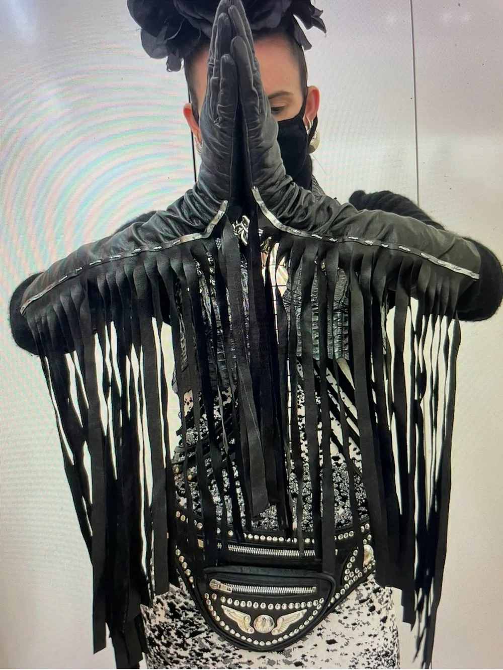 Black Fringe Long Leather Gloves - Women's Fashion Accessory100%Real KID-make 🇫🇷